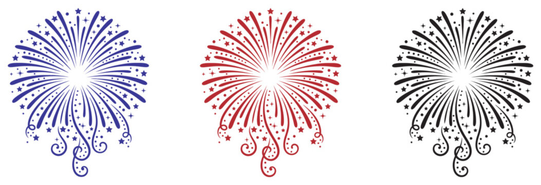 Collection of stylized graphic fireworks bursting with stars and dots on transparent background