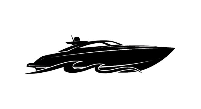 Minimal black silhouette icon, simple flat vector, bold black shape, no, no shading silhouette of a luxury motor yacht speeding on water on a, flat icon style