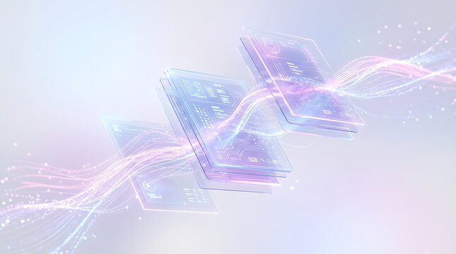 Layered data sheets with circuit patterns float in a luminous abstract space