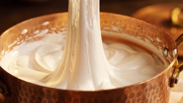 Stretching marshmallow cream from a copper pot with a wooden spoon, creating a gooey texture, perfect for dessert recipes