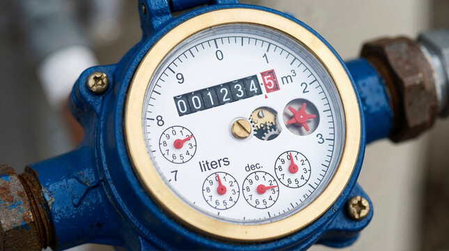 Close-up of a blue water meter with digital counter. Utility gauge for measuring water consumption