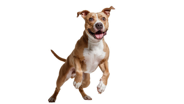 Brown and white pit bull dog running with open mouth