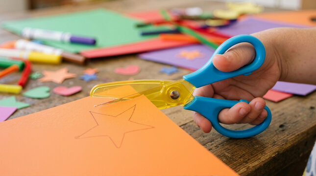 Child hand using plastic safety scissors to cut orange paper. Creative kids craft activity with colorful paper and markers on a wooden table