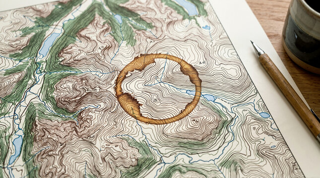 Topographic map with a circular coffee ring stain on a wooden table. Adventure planning concept with contour lines and a wooden pen