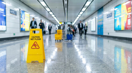 Fototapeta premium Yellow caution wet floor sign in a busy subway station corridor. Selective focus on warning board with blurred commuters in background. Public safety and maintenance concept