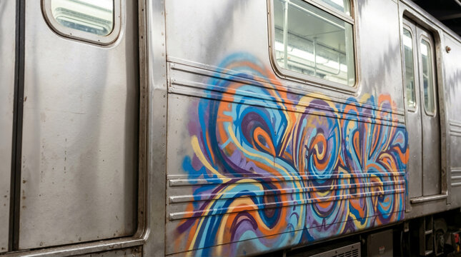 Colorful graffiti on a metallic subway train car. Vibrant street art on the side of a metro carriage. Urban culture and public transit concept