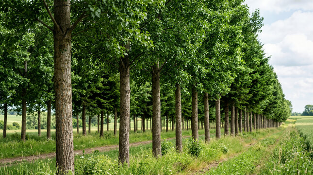 Row of tall green trees lining a dirt path in the countryside. Perspective view of a windbreak plantation in a rural agricultural field. Natural landscape under a cloudy sky
