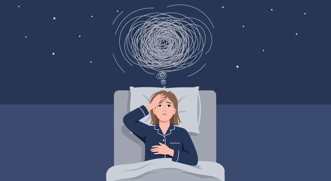 Woman suffering from insomnia, anxiety, and stress lying in bed at night