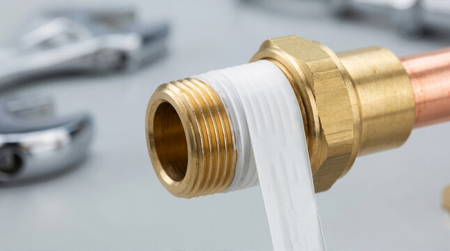 Close-up of wrapping white Teflon tape on a brass plumbing fitting. Copper pipe connection and leak prevention. DIY home repair concept