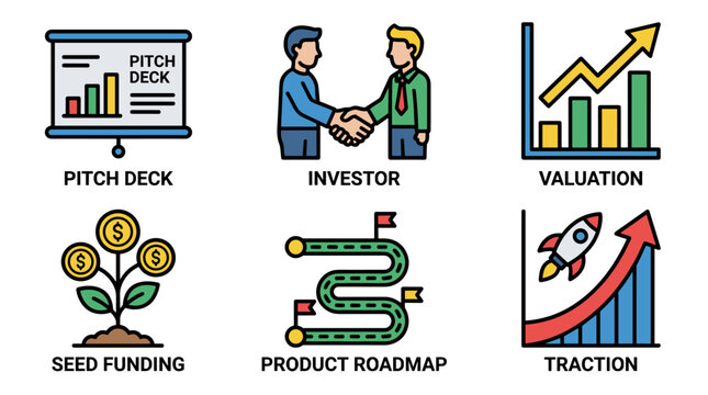 Business startup and funding pixel art icons set, pitch deck presentation, investor handshake, valuation growth chart, seed funding plant, product roadmap, traction rocket launch