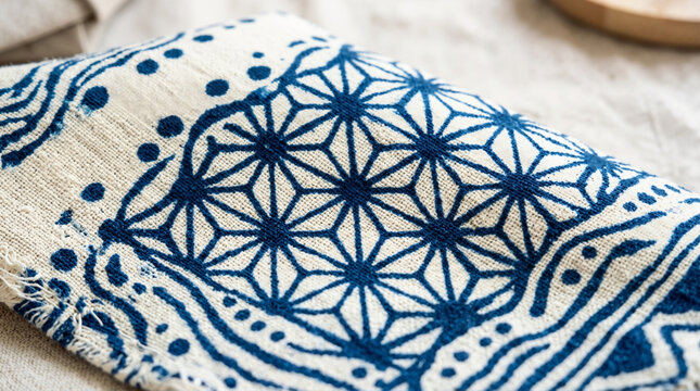 Close up of a folded woven textile with traditional indigo blue geometric pattern. Japanese asanoha style cotton fabric with selective focus. Rustic home decor background