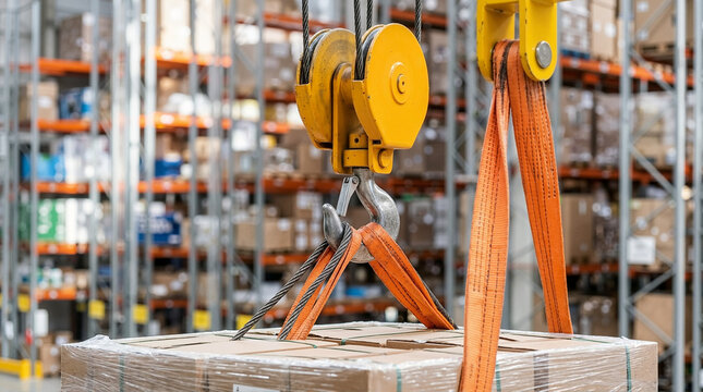 Yellow crane hook lifting a pallet of cardboard boxes in a warehouse. Industrial logistics and material handling concept. Close up of hoist mechanism with orange straps