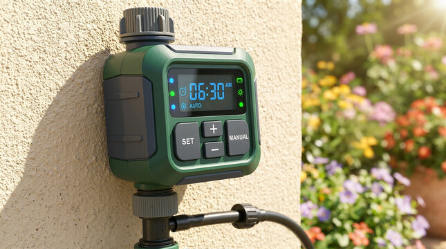 Digital water timer mounted on an outdoor wall. Automatic garden irrigation controller with LCD screen. Smart watering system in a sunny backyard garden