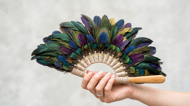 Hand holding a decorative peacock feather fan. Close up of handmade iridescent green and purple plumage accessory with wooden handle. Elegant costume prop against neutral background