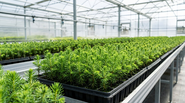 Rows of young pine seedlings growing in black trays inside a commercial greenhouse. Conifer saplings cultivation and forestry agriculture concept. Overhead irrigation misting plants