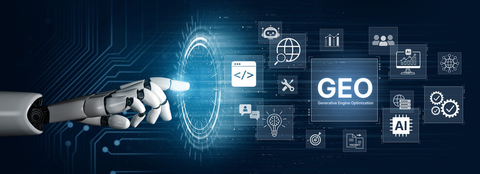 Digital marketing concept featuring GEO strategy, optimizing content for AI search engines and large language models. Evolution of SEO, brand authority, and AI citation visibility. Corpus