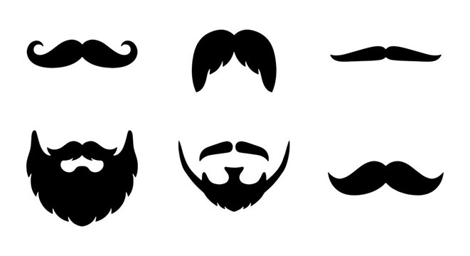Vector Set of Six Black Mustache and Beard Styles, Classic Facial Hair Silhouettes for Design Elements, Vintage Grooming Icons