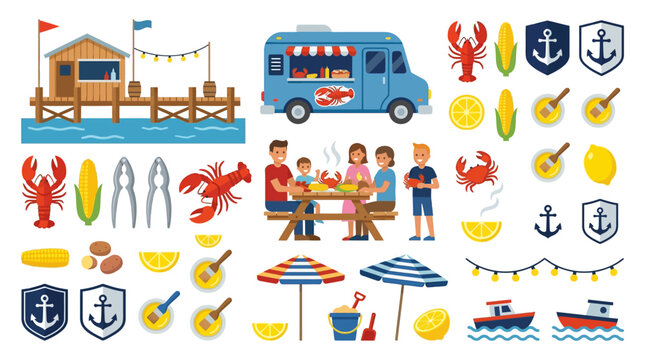 Seafood Shack Beach Clambake Asset Sheet Illustrating Seafood Pier and Lobster Roll Van Icons Intended for Blank Textless Maritime Culinary Mockups