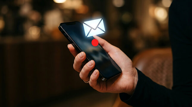 Hand holding a smartphone displaying an email notification with a red dot