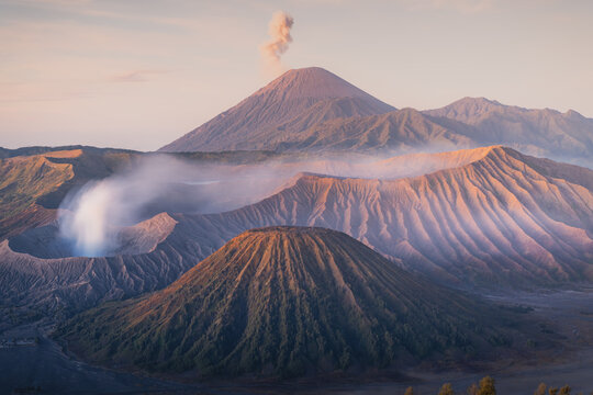 Breathtaking Bromo volcanic mountain view in Java right after long-awaited cold dawn, Indonesia