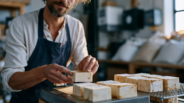 Mycelium composite packaging manufacturing workshop, a technician demolding a protective insert from a reusable stainless mold, finished units cooling on a wire rack beside the