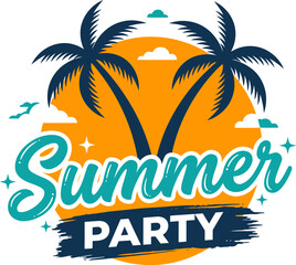 Fototapeta premium Summer party typography with palm trees and sunset background for tropical beach occasion.