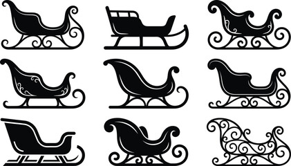 Christmas Santa Claus sleigh silhouettes, winter holiday sleds icons, decorative reindeer sleighs, festive New Year transportation, vintage ornate sledding, seasonal. © MstSumi