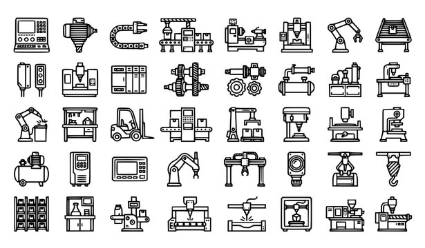 Industrial machinery icon set with CNC controller lathe milling machine robotic arm spindle and factory production line vector illustration