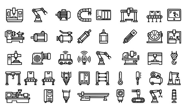 Industrial automation monoline icon set with CNC machines robotic arms spindles and manufacturing systems vector illustration