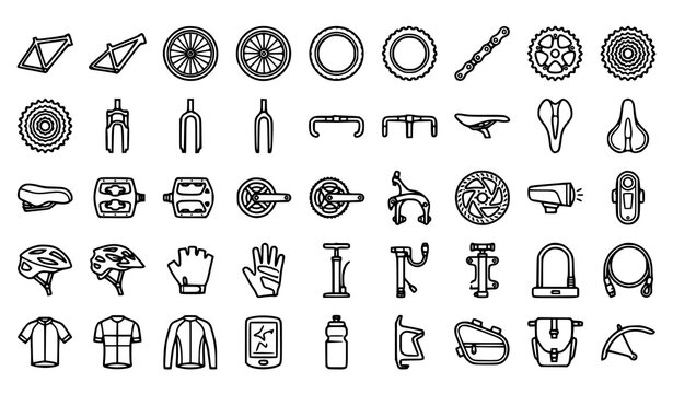 Cycling equipment outline icon collection with bicycle parts helmet pump lock and accessories vector set