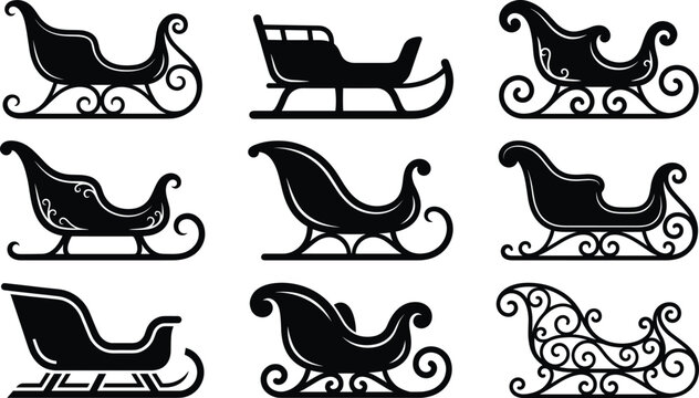 Christmas Santa Claus sleigh silhouettes, winter holiday sleds icons, decorative reindeer sleighs, festive New Year transportation, vintage ornate sledding, seasonal.