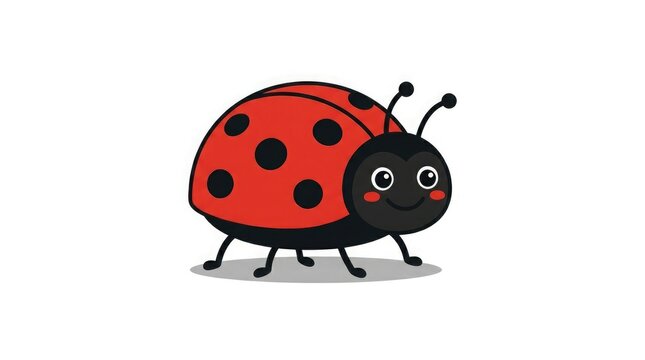 Cute cartoon ladybug with black spots on red shell isolated on white background