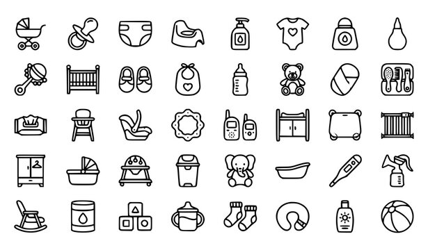 Baby online shop icon set with stroller diaper cot toys clothes shoes and newborn care products vector illustration
