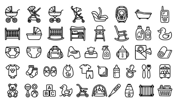 Baby care and kids online shop outline icon collection with diaper cot stroller toys and nursery products vector set