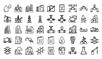 Petrochemical industry line icon set with crude oil refinery storage tanks barrels and fuel production symbols vector illustration editable stroke © RUBINA