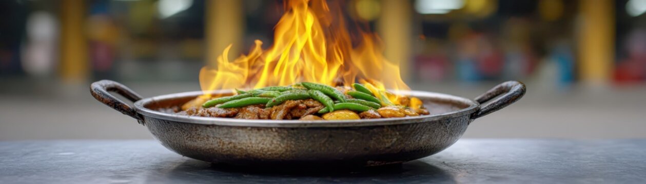 A sizzling pan of spicy food with green chili peppers and flames rising, set against a blurred colorful background.