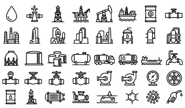 Petroleum industry monoline icon set with crude oil refinery storage tanks pipelines and extraction systems vector illustration editable stroke
