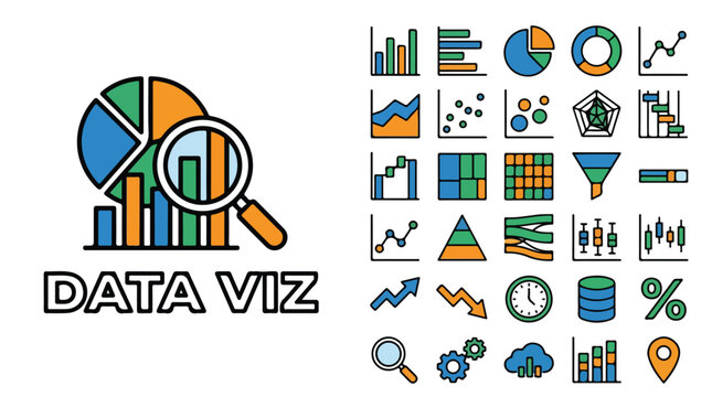 Data visualization icon set with 25 colorful vector elements, business analytics charts and infographic symbols, financial reporting dashboard graphics