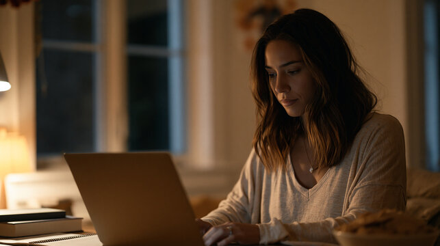 Night student at community college in modest home office corner completes closed caption auto generated subtitle review for recorded lecture on laptop, child's artwork visible on