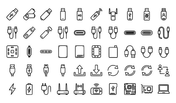 USB and connectivity line icon set with flash drive modem security key USB cable and Type-C port vector illustration editable stroke