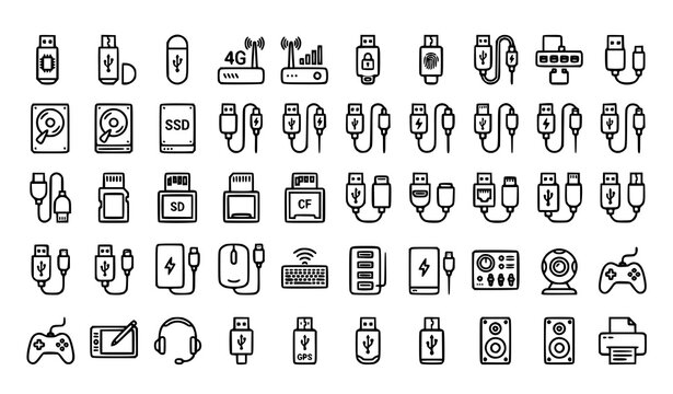 USB connectivity outline icon collection with flash drives LTE modem cables and Type-C ports vector set