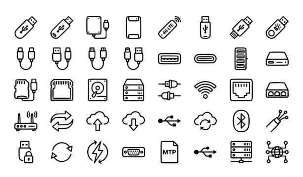 USB technology monoline icon set with flash drives modems security keys cables and Type-C connectors vector illustration editable stroke