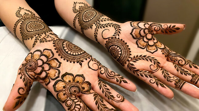 Hands with intricate henna tattoo designs