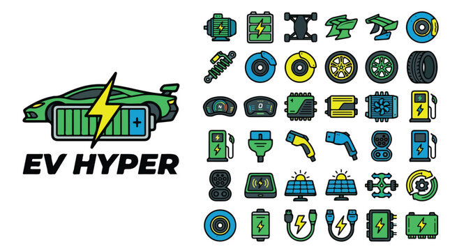 Electric vehicle hyper car icon set, 36 green and blue EV technology vector elements, sustainable transport and charging station graphics