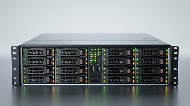 Front facing storage server unit with multiple drive bays and indicator lights