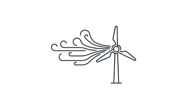 Wind turbine icon with blowing wind gusts line art