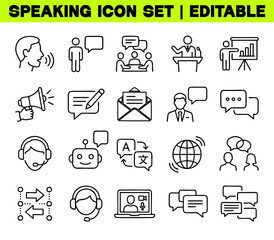 Fototapeta premium Speaking Communication Icon Set. Dialogue, Speech, Chat, Conference and Voice Interaction Editable Line Vector Illustration