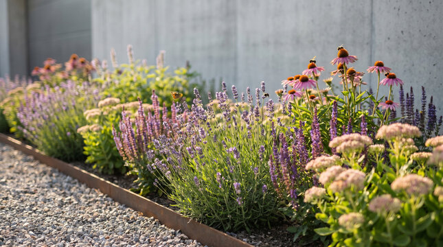 Flowering border with lavender and echinacea supporting pollinators in a modern ecological landscape