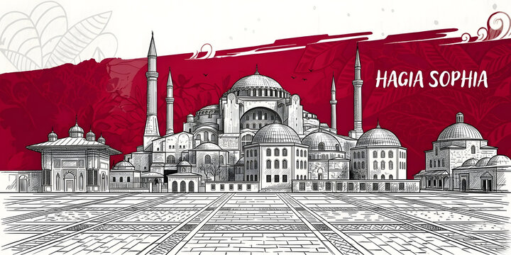 Artistic Hagia Sophia Mosque Wall Art: Hand-Drawn Line Illustration of the Istanbul Landmark with Detailed Architectural Sketch Elements for Graphic Decor 