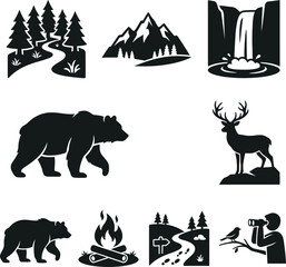 Fototapeta premium Wilderness icons with bear deer forest path waterfall campfire and hiker silhouette